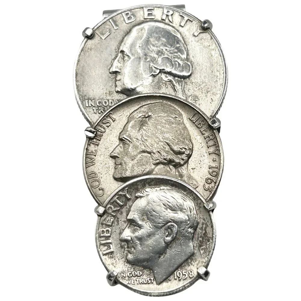 Vintage Swank Coin Money Clip Silver Quarter, '53 Dime, '63 Jefferson Nickle